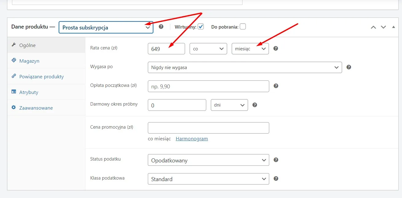 płatności co miesiąc - model subskrypcyjny - screen z ustawień produktu
